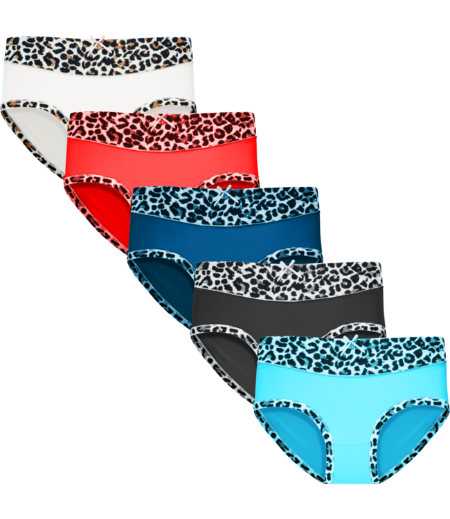Fine Woman 5-Pack Katoenen Dames Slips met Panterprint-Rand - Felle Kleuren