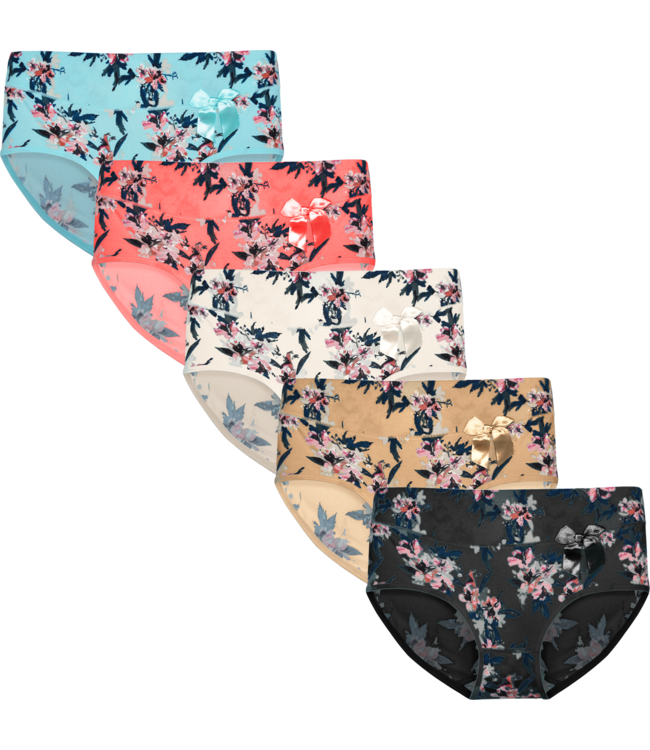 Fine Woman 5-Pack Katoenen Dames Slips met Stijlvolle Bloemenprint en Comfortabele Pasvorm