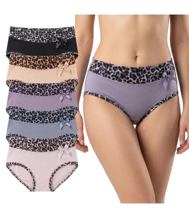 Fine Woman 5-Pack Katoenen Dames Slips met Panterprint-Rand - Pastel & Nude