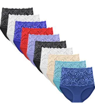 Fine Woman 10-Pack Katoenen Dames Slips met Hoge Taille en Kant