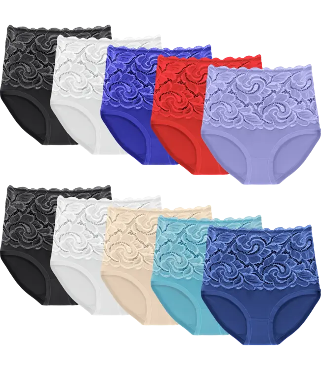 Fine Woman 10-Pack Katoenen Dames Slips met Hoge Taille en Kant
