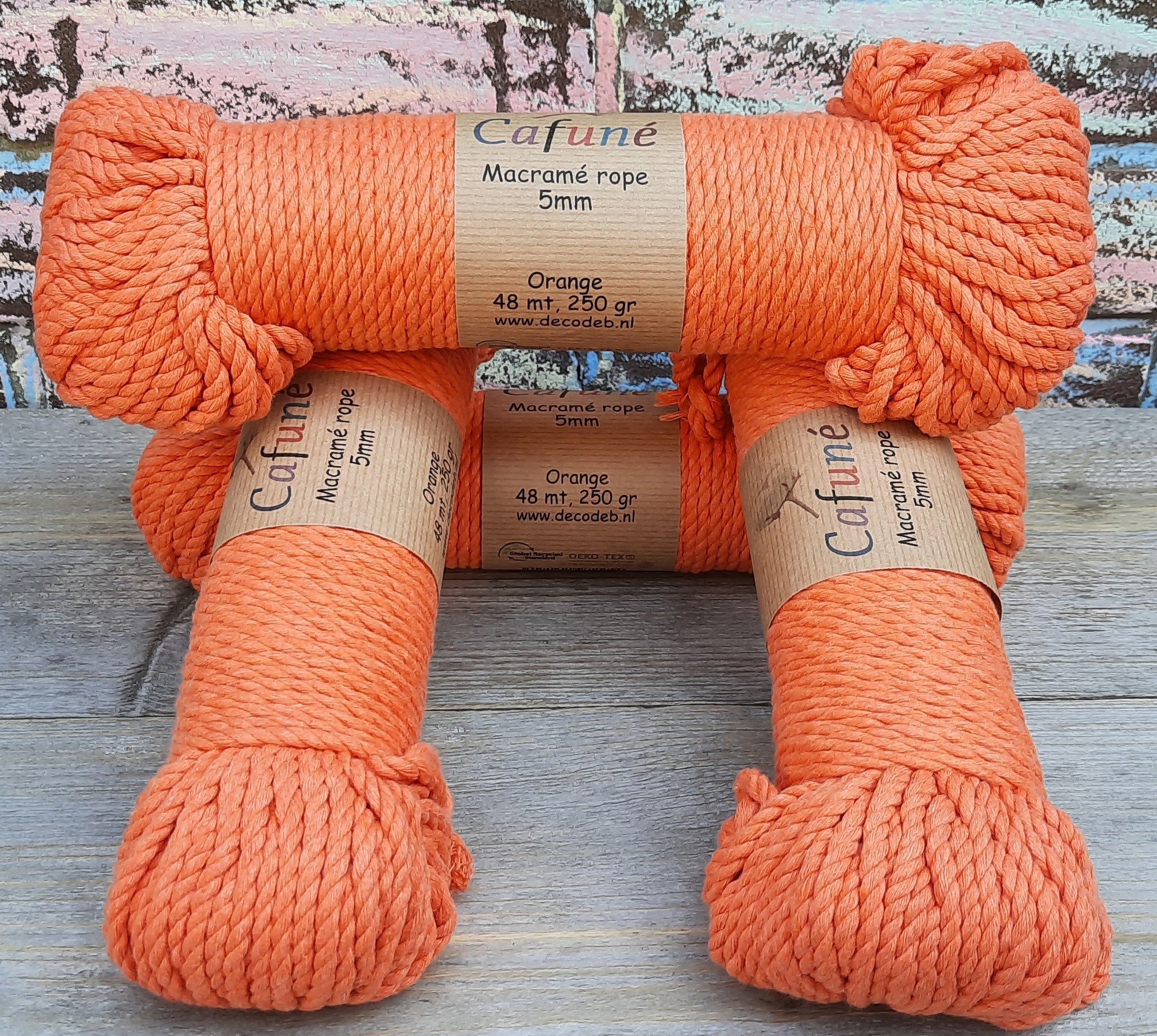 5mm Macrame touw Oranje, double twisted, uitkambaar