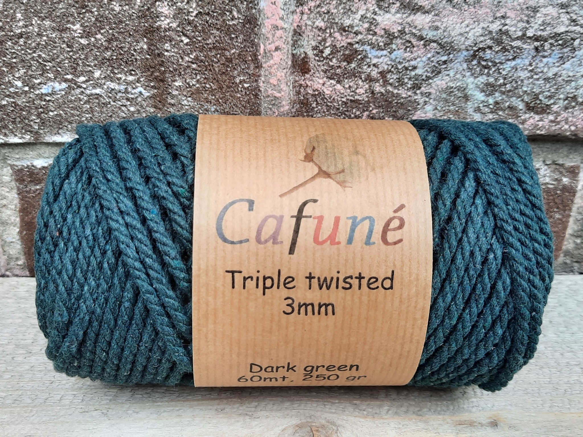 3mm Macrame touw Donkergroen, Triple twisted uitkambaar