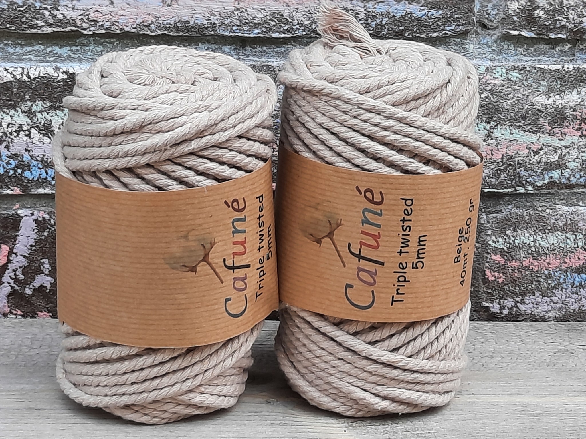 Macrame touw 5mm Triple twisted Beige