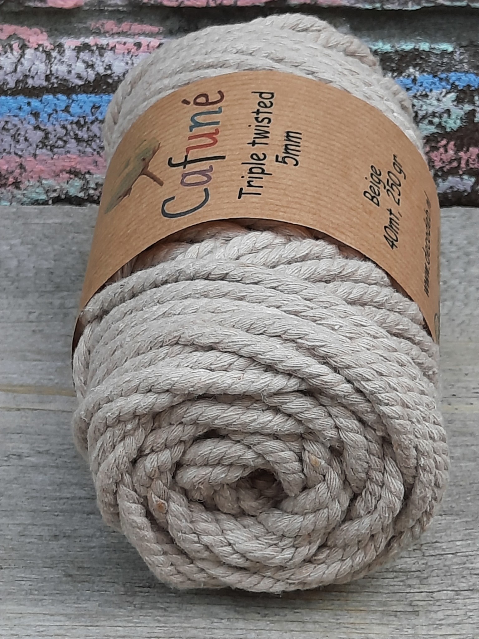 Macrame touw 5mm Triple twisted Beige