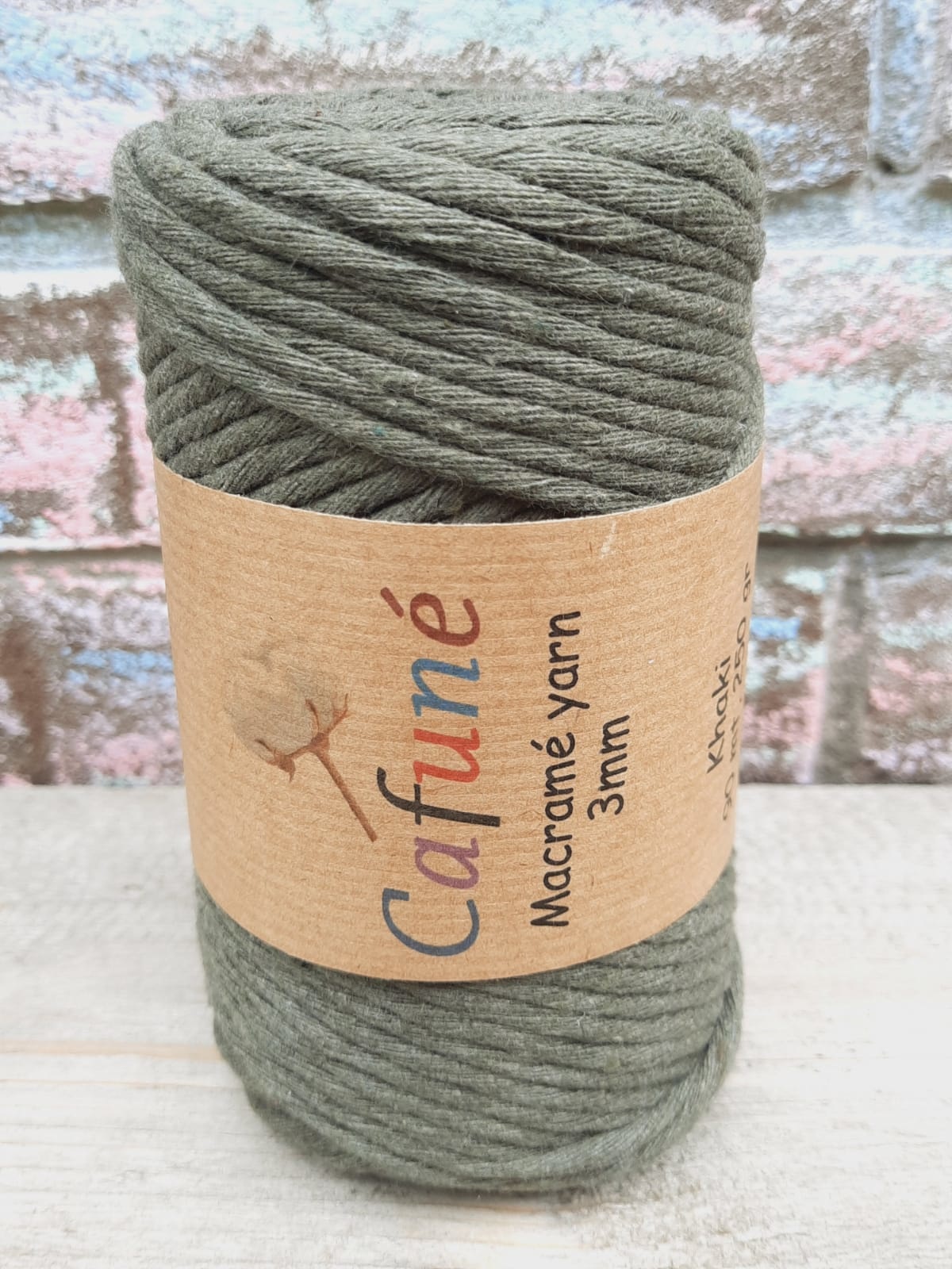 Macrame garen 3mm Kaki enkel gedraaid uitkambaar gerecycled katoen