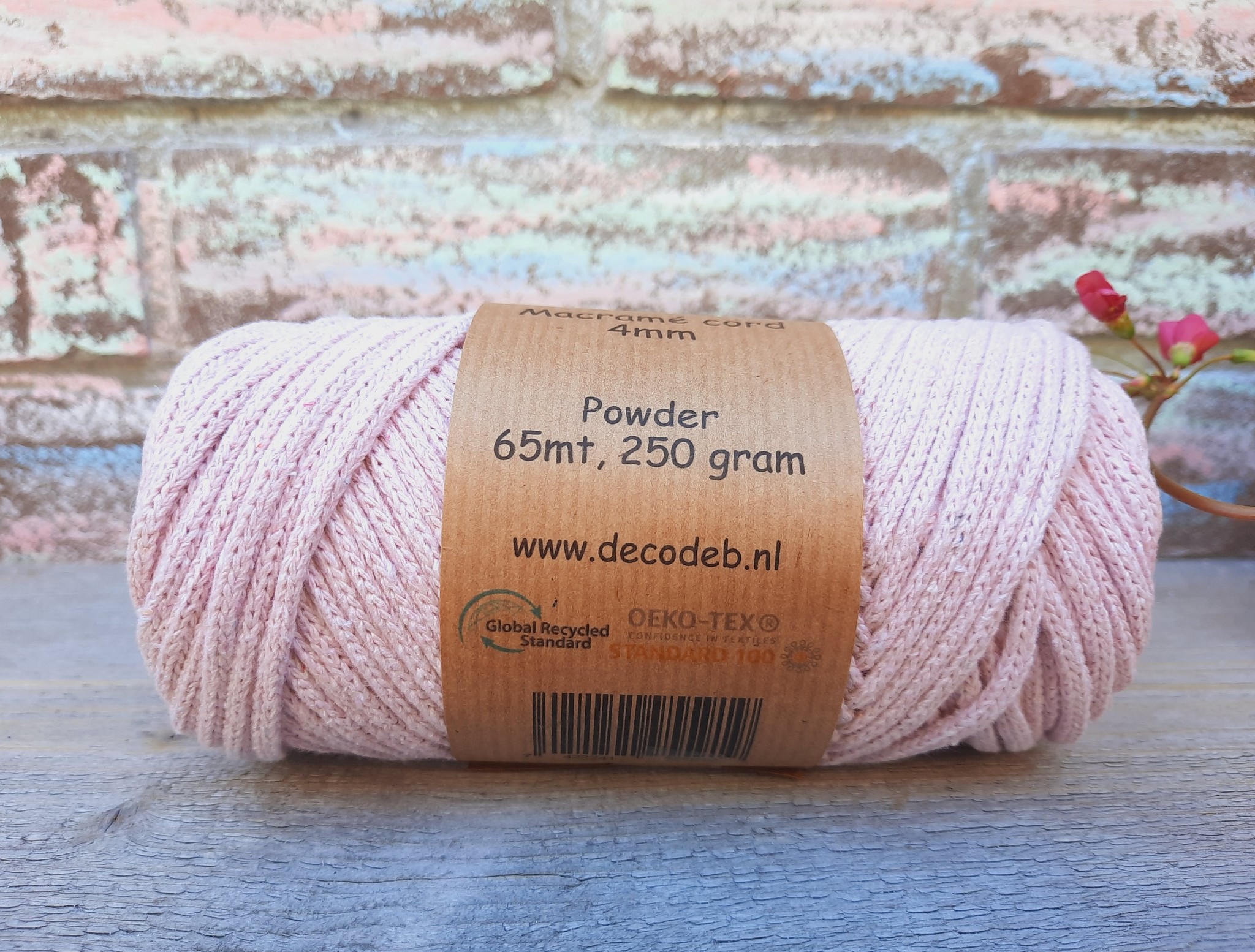 Macrame koord 4mm Poeder gevlochten, gerecycled katoen