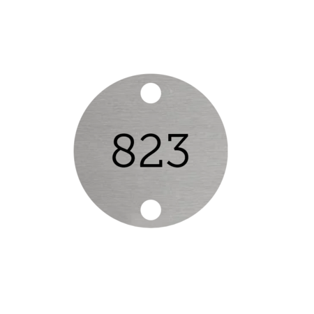 CombiCraft Number Tags Aluminium Round Silver ½mm thick with print and 2 holes above and below