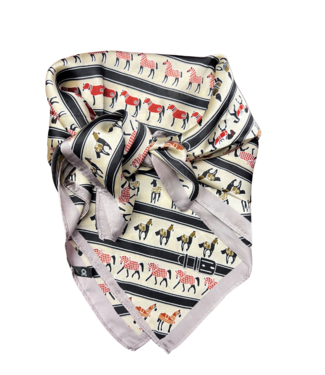 SILK SCARF with HORSE PARADE PATTERN - Cream/Grey
