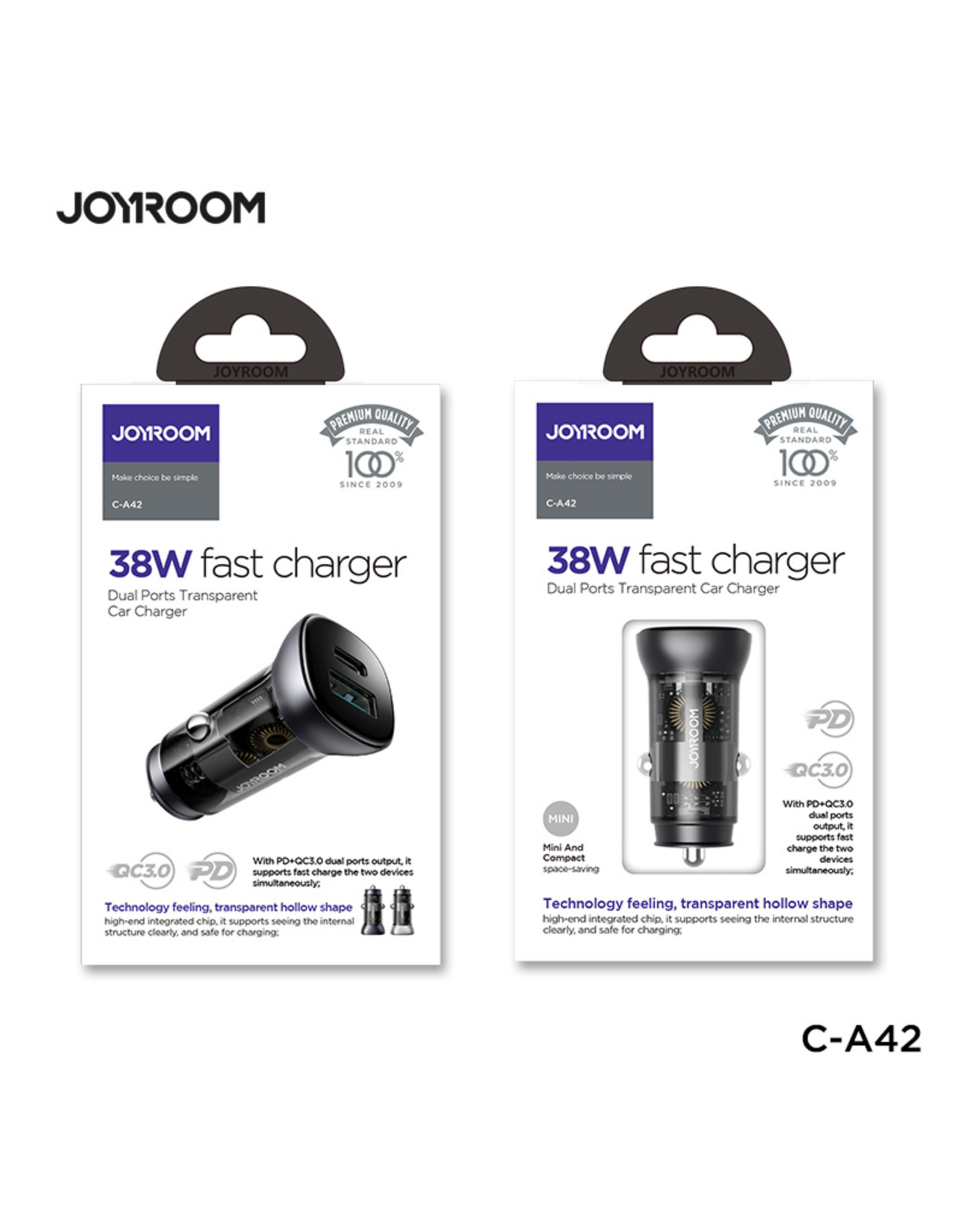 JOYROOM Autolader PD 38 watt USB-C + QC 3.0 USb - Zwart Transparant