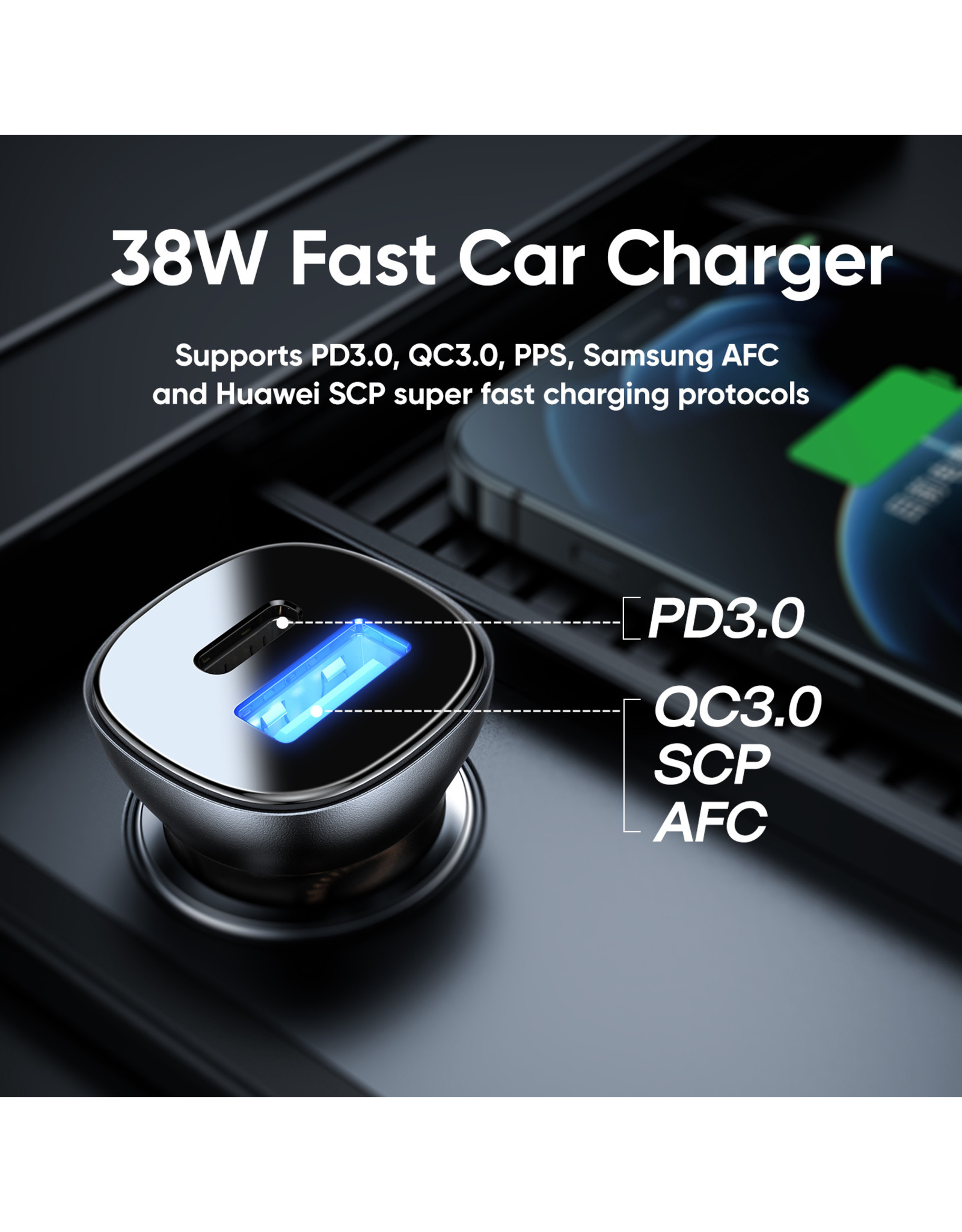 JOYROOM Autolader PD 38 watt USB-C + QC 3.0 USb - Zwart Transparant