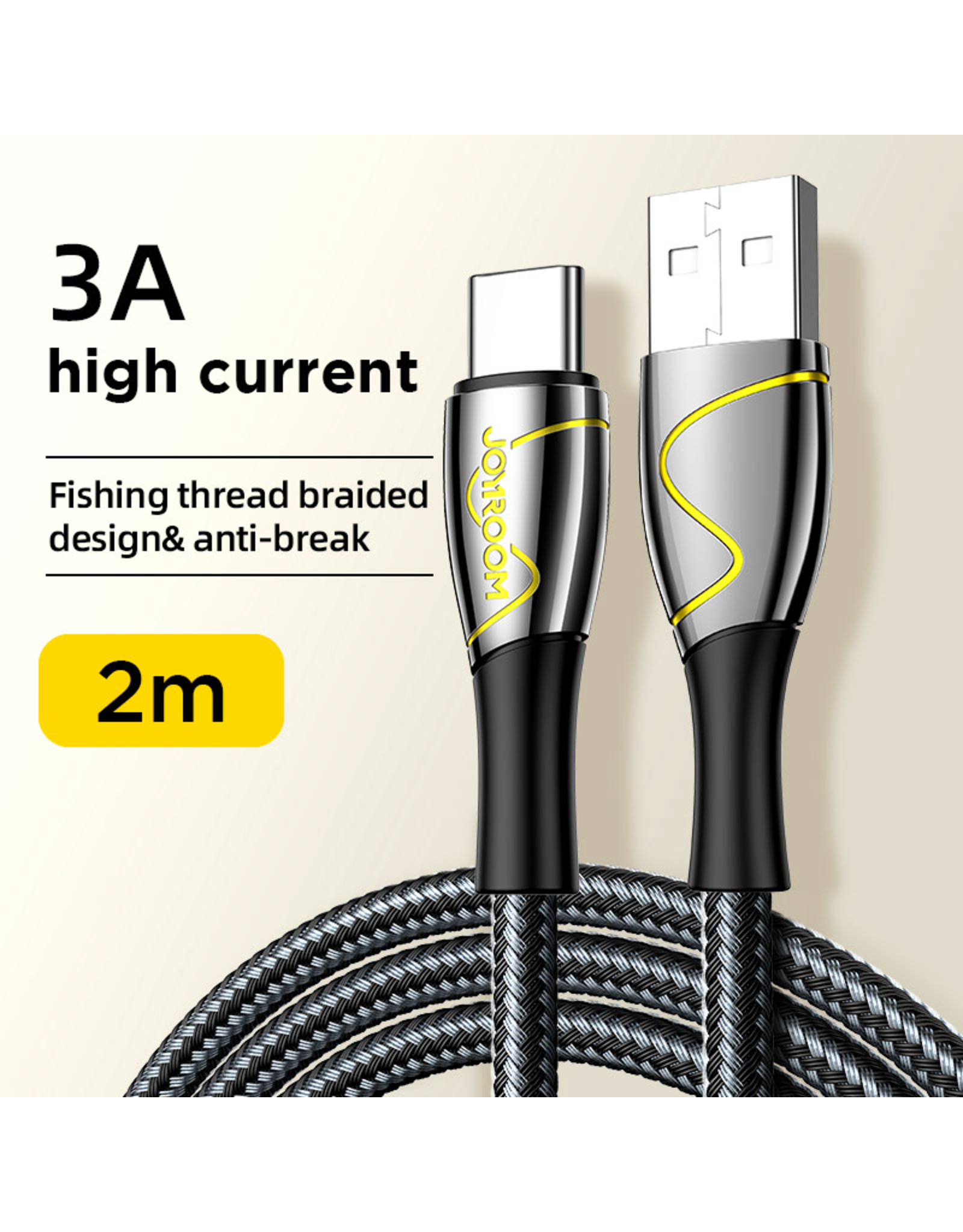 JOYROOM Type-C naar USB-A kabel 2M braided - zwart