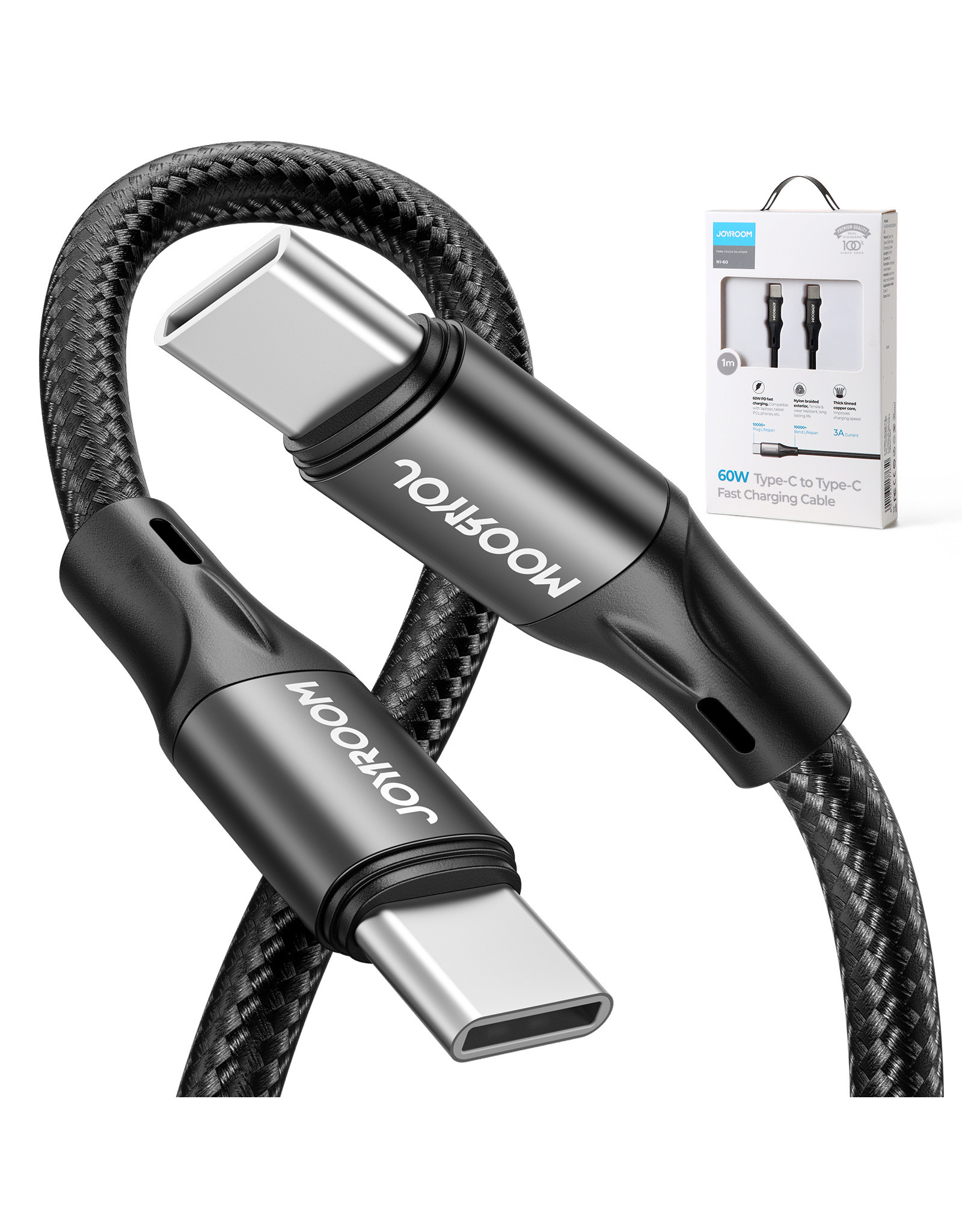JOYROOM Type-C naar Type-C USB braided kabel 1M  - zwart