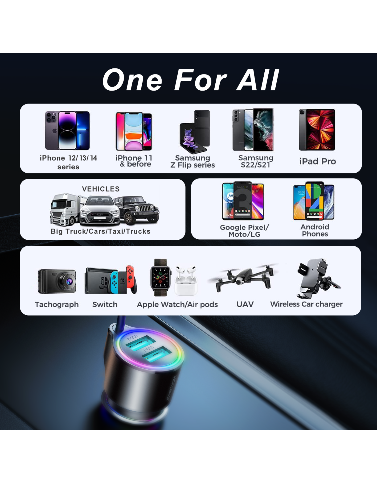 JOYROOM Autolader 3in1 met RGB verlichting