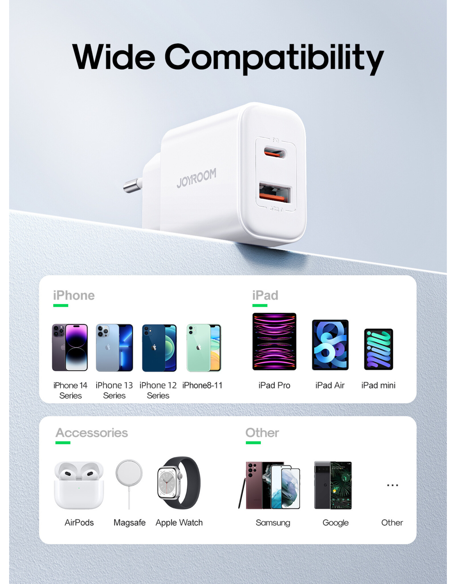 JOYROOM PD 20 Watt USB-C + QC 3.0 Adapter  - Wit