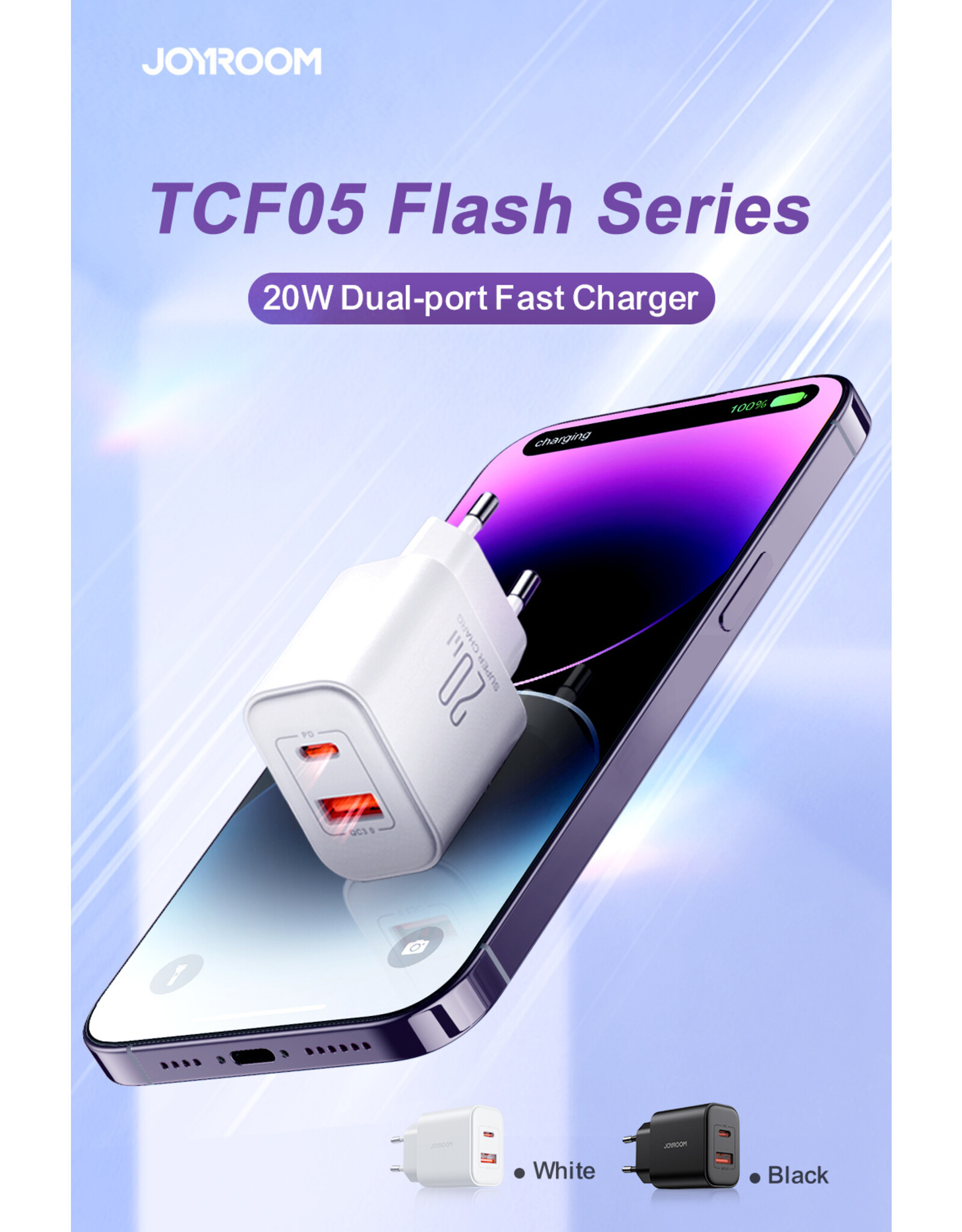 JOYROOM PD 20 Watt USB-C + QC 3.0 Adapter  - Zwart