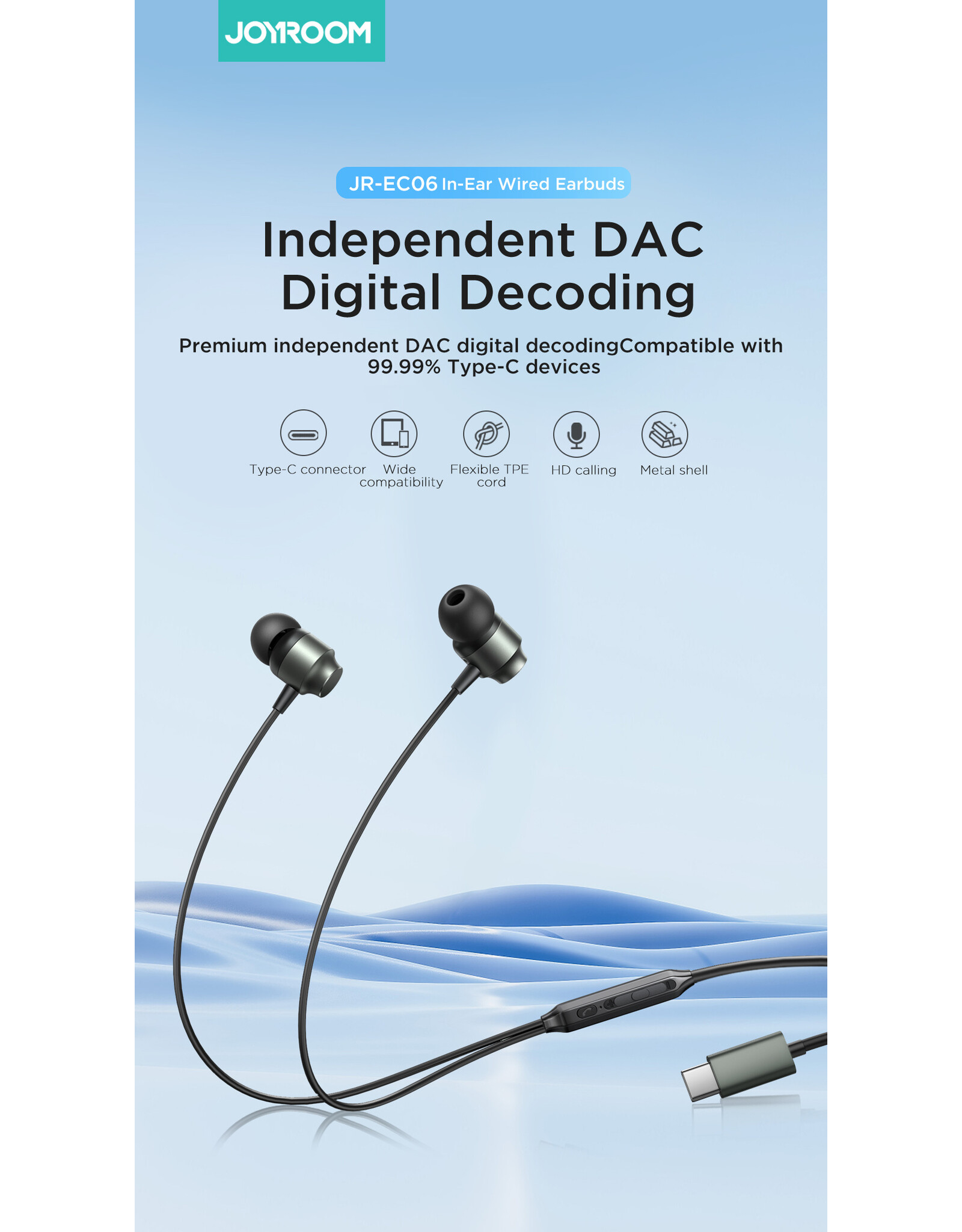 JOYROOM Digital Type-C bekabelde in-ear headset - zwart