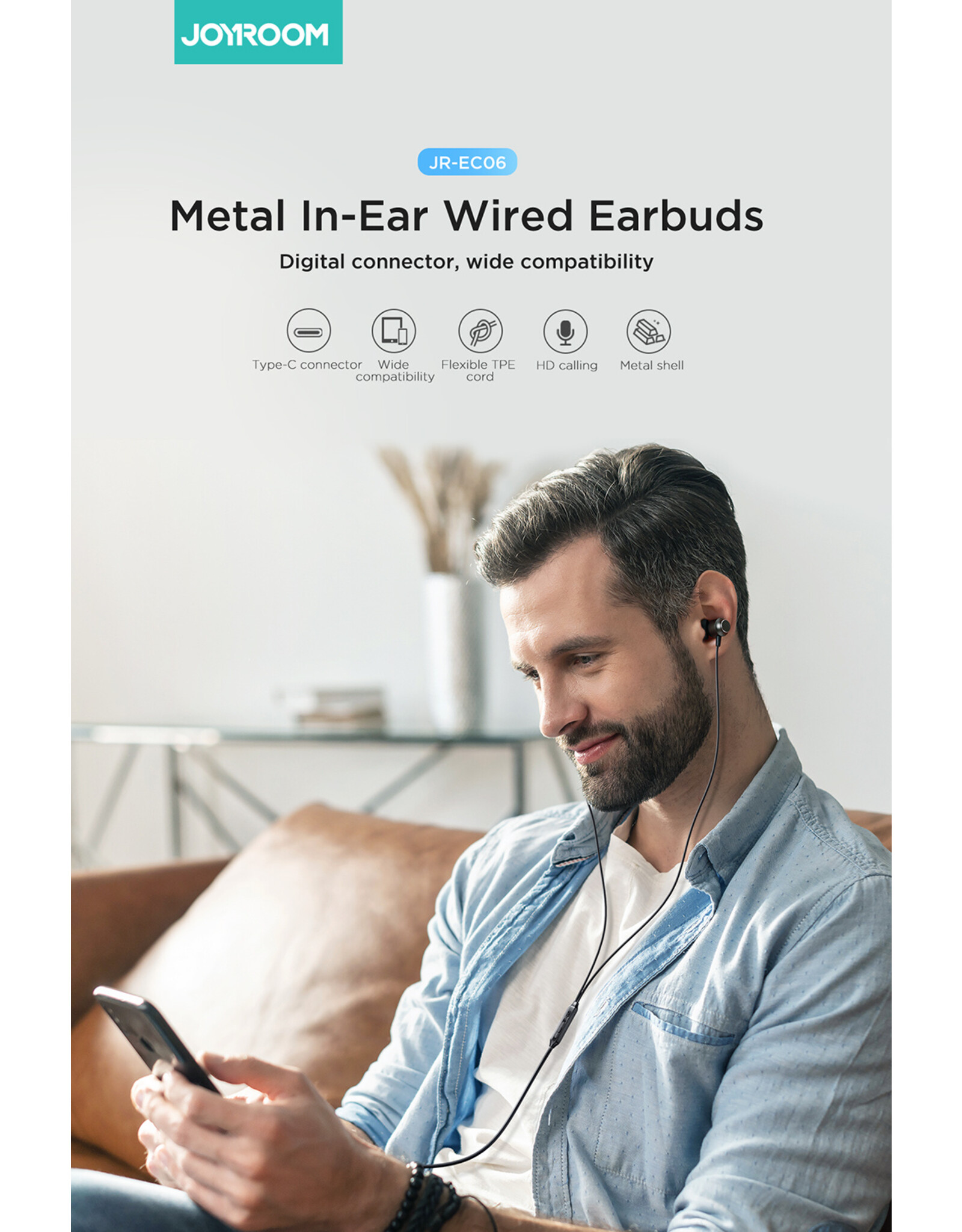 JOYROOM Digital Type-C bekabelde in-ear headset - zwart