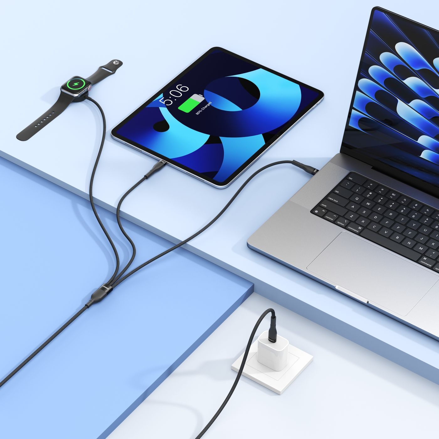 Veger V730 3 in 1 kabel met Magsafe 1.5m Braided 92 Watt