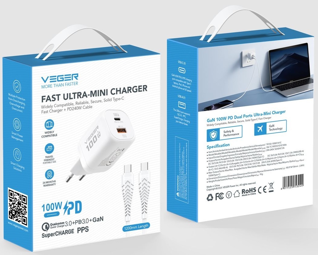 Veger snellader 100 Watt 2x USB Poort + USB-C Kabel 1,5m Nylon Wit