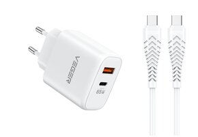 Veger snellader 65 Watt 2x USB Poort + USB-C Kabel 1,5m Nylon Wit