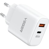 Veger snellader 65 Watt 2x USB Poort + USB-C Kabel 1,5m Nylon Wit
