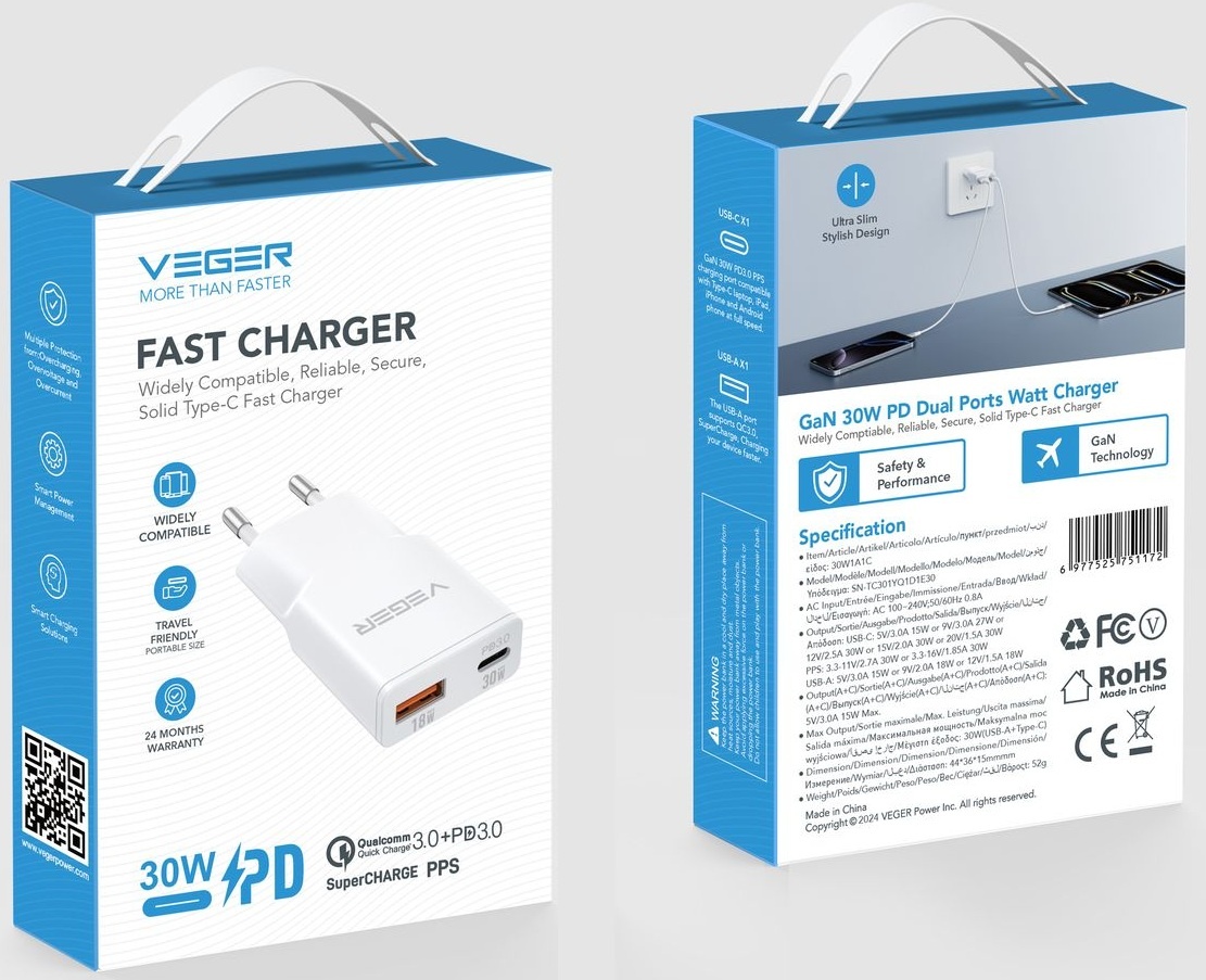 Veger USB-A naar USB-C QC PD 30W 30W1A1C telefoonoplader