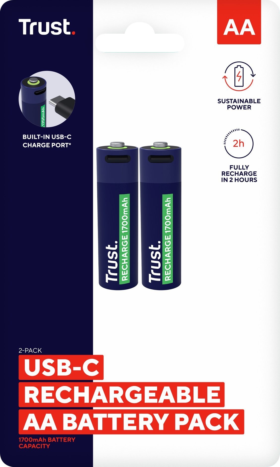 Trust USB-C oplaadbare AA-batterijen