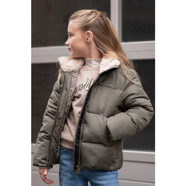 Aelin Flo girls short fancy hooded jacket 355 Army