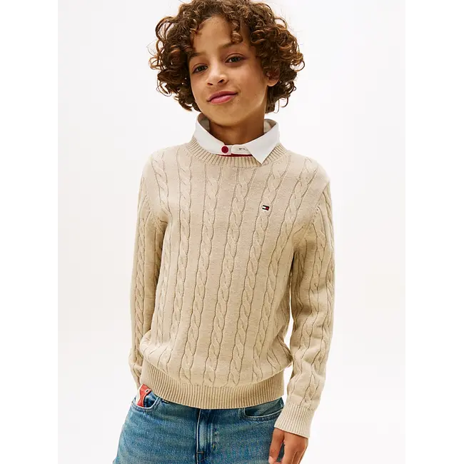 COTTON CABLE SWEATER, GUQ Malted Milk Heather