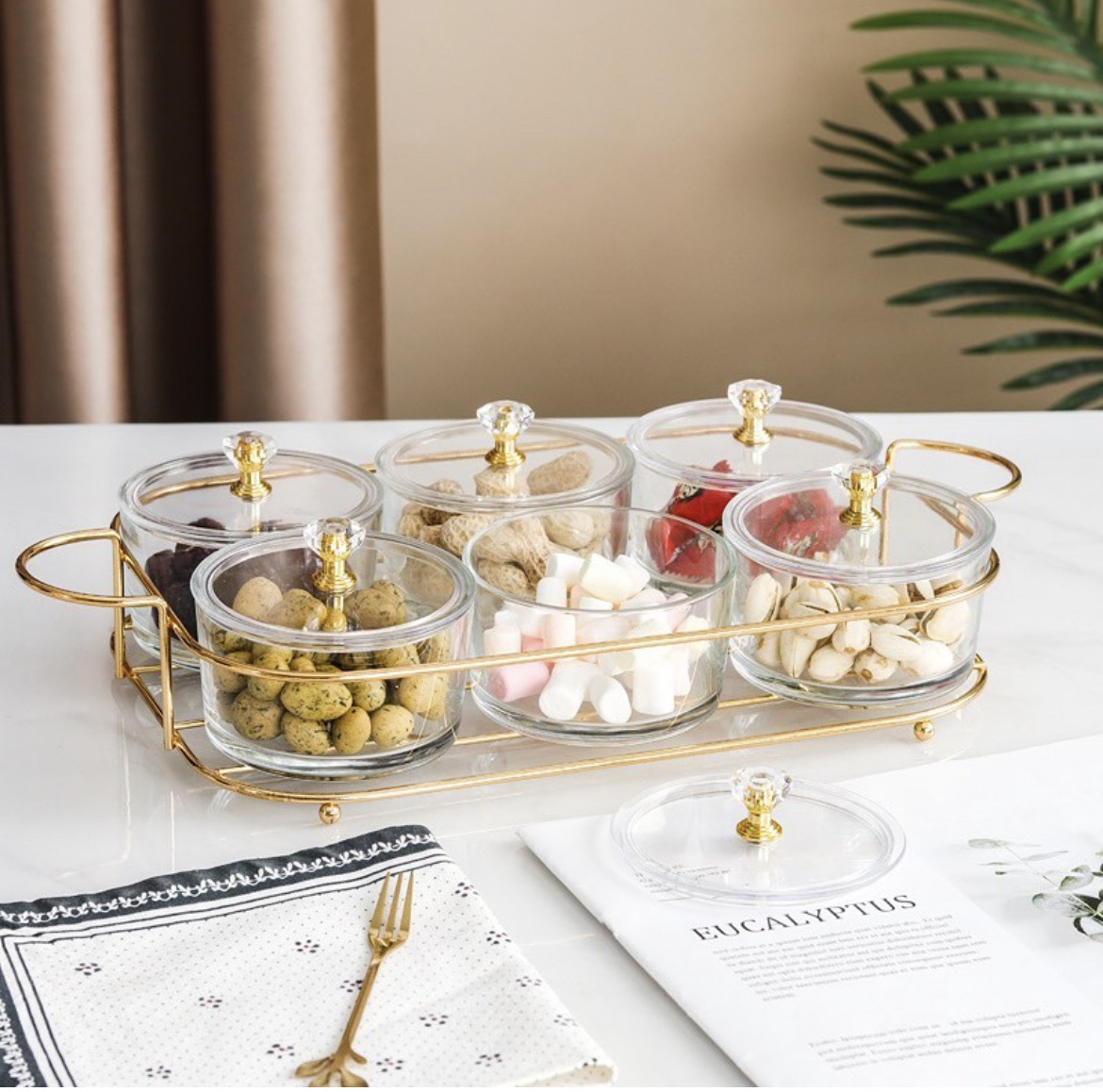 Snackschalen aus Glas mit Deckel rund inkl. Halter gold 6 Fächer