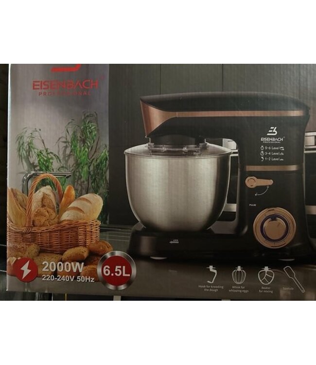 Eisenbach® | Robot culinaire XL | 6,5L | 2000W | Ligne Bronze | Comprend un fouet, un crochet pétrisseur et un crochet mélangeur.