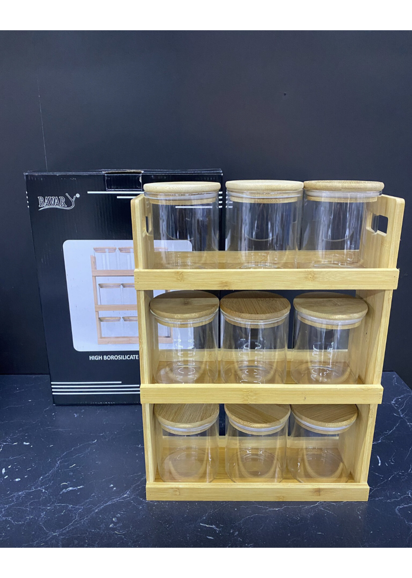 Set à épices en verre borosilicate 9 pots avec support.