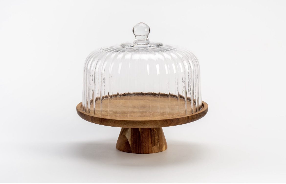 Houten taartstandaard, taartstandaard 10 inch houten taartstandaard met doorzichtig glazen deksel afneembare taartkoepel multifunctionele taarthouder voor feesttaart dessert kaas fruit display en