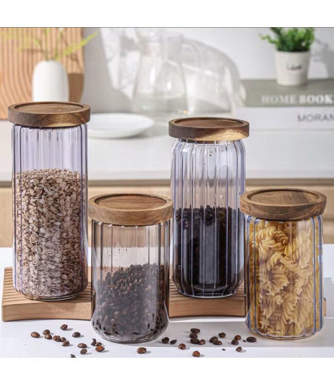 Voorraadpot ribbel met acacia houten deksel