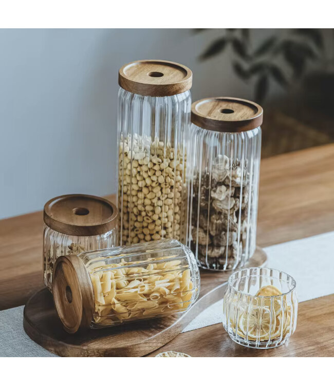 Voorraadpot ribbel met acacia houten deksel