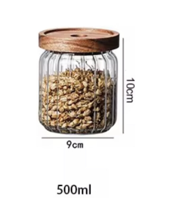 Voorraadpot ribbel met acacia houten deksel