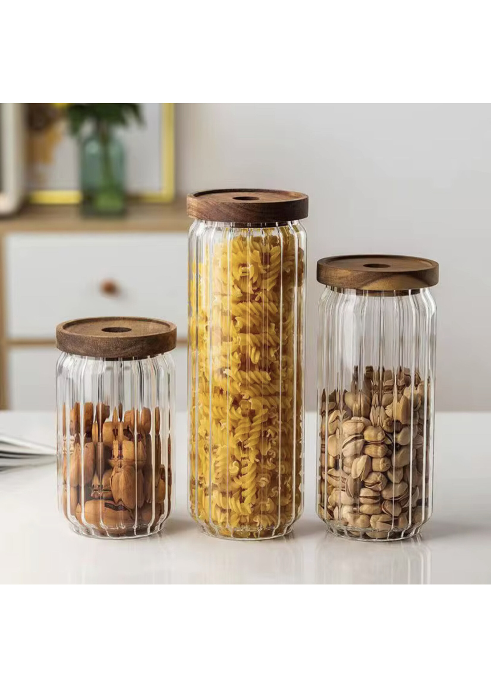 Pot de conservation nervuré avec couvercle en bois d'acacia