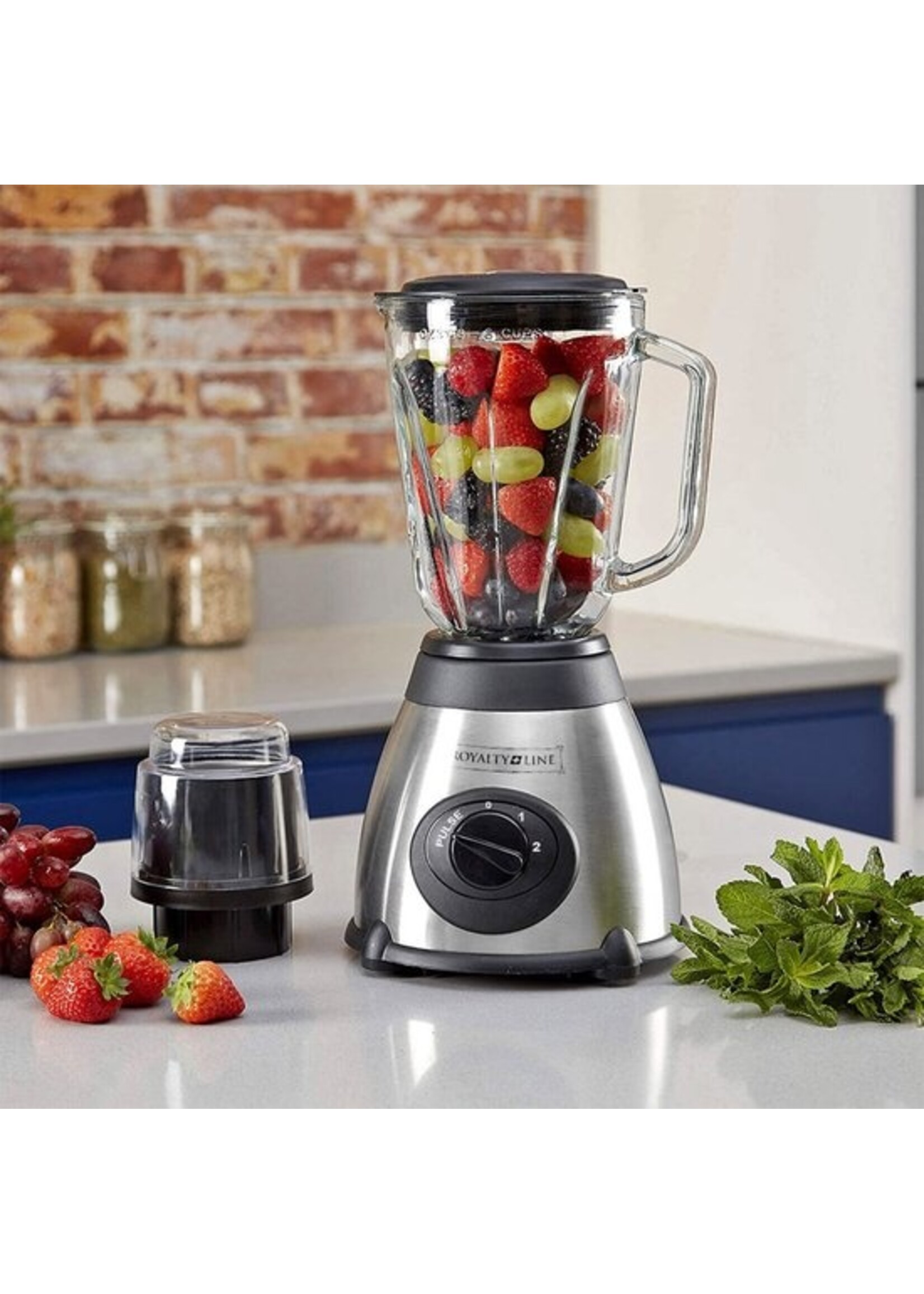 Blender Royalty Line - Blender Smoothie avec Broyeur - 1,5 Litre - 3 Vitesses - Acier Inoxydable avec Pichet en Verre - Blender To Go - Argent