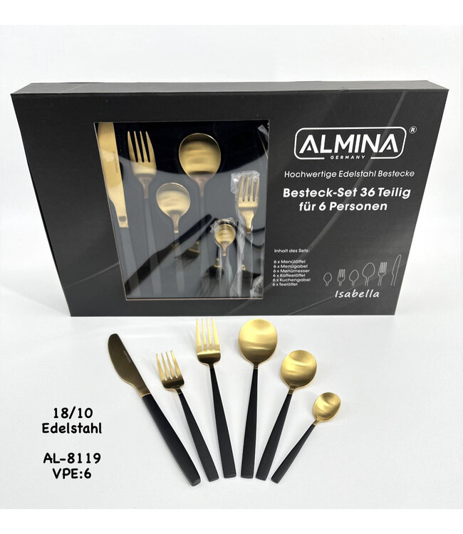 Almina Ménagère 36 pièces dorées avec manche noir en acier 18/10