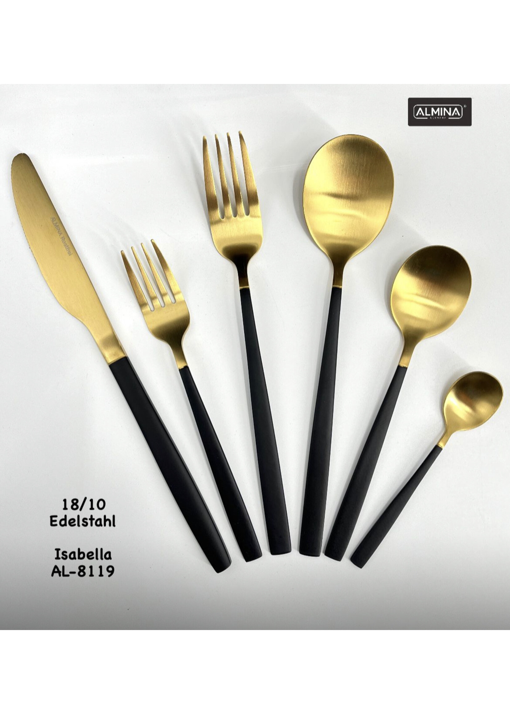 Almina 36-teiliges Besteckset Gold mit schwarzem Griff aus 18/10 Stahl