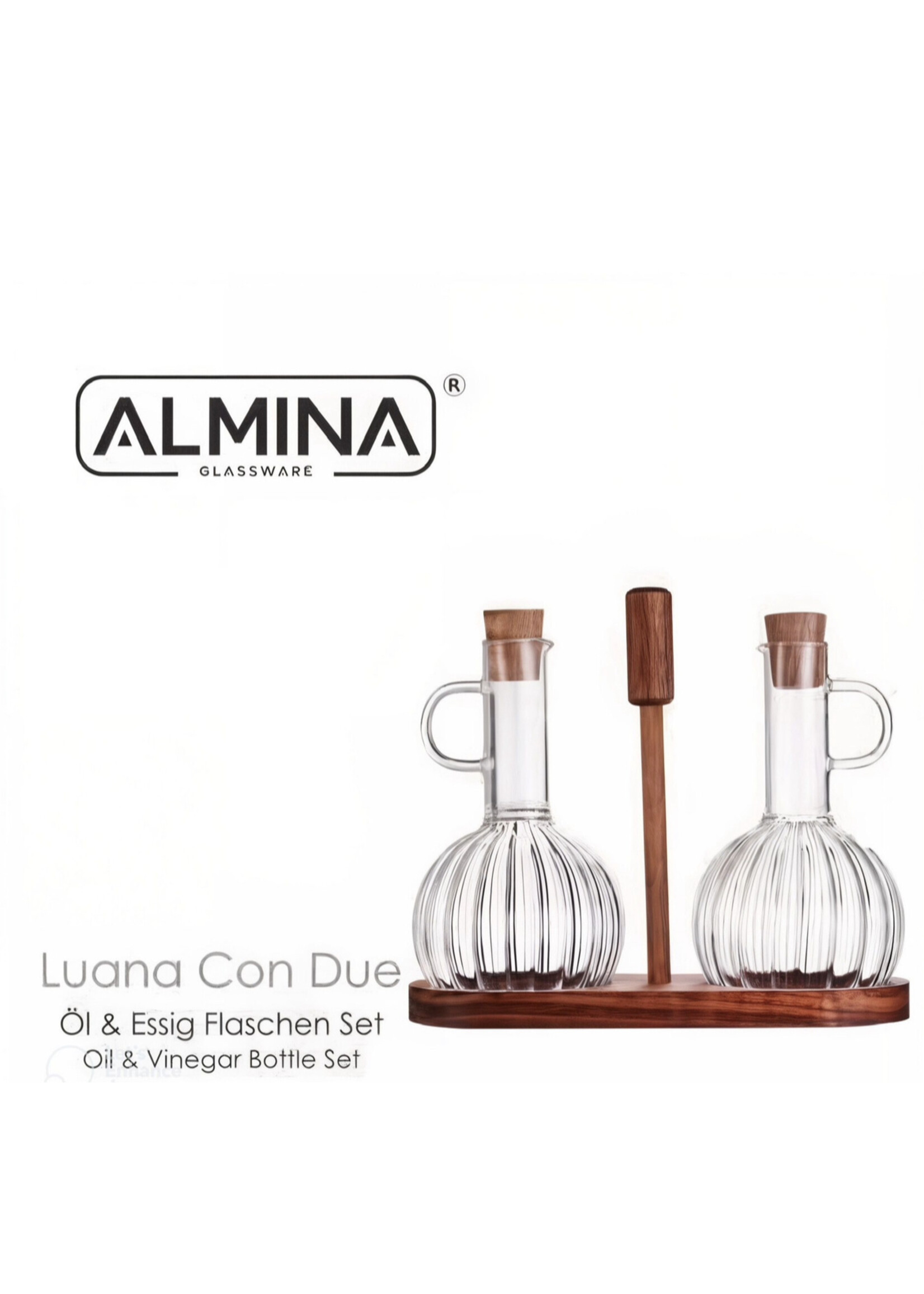 Almina olie- en azijnflesset 2x 350ml met bamboo houder