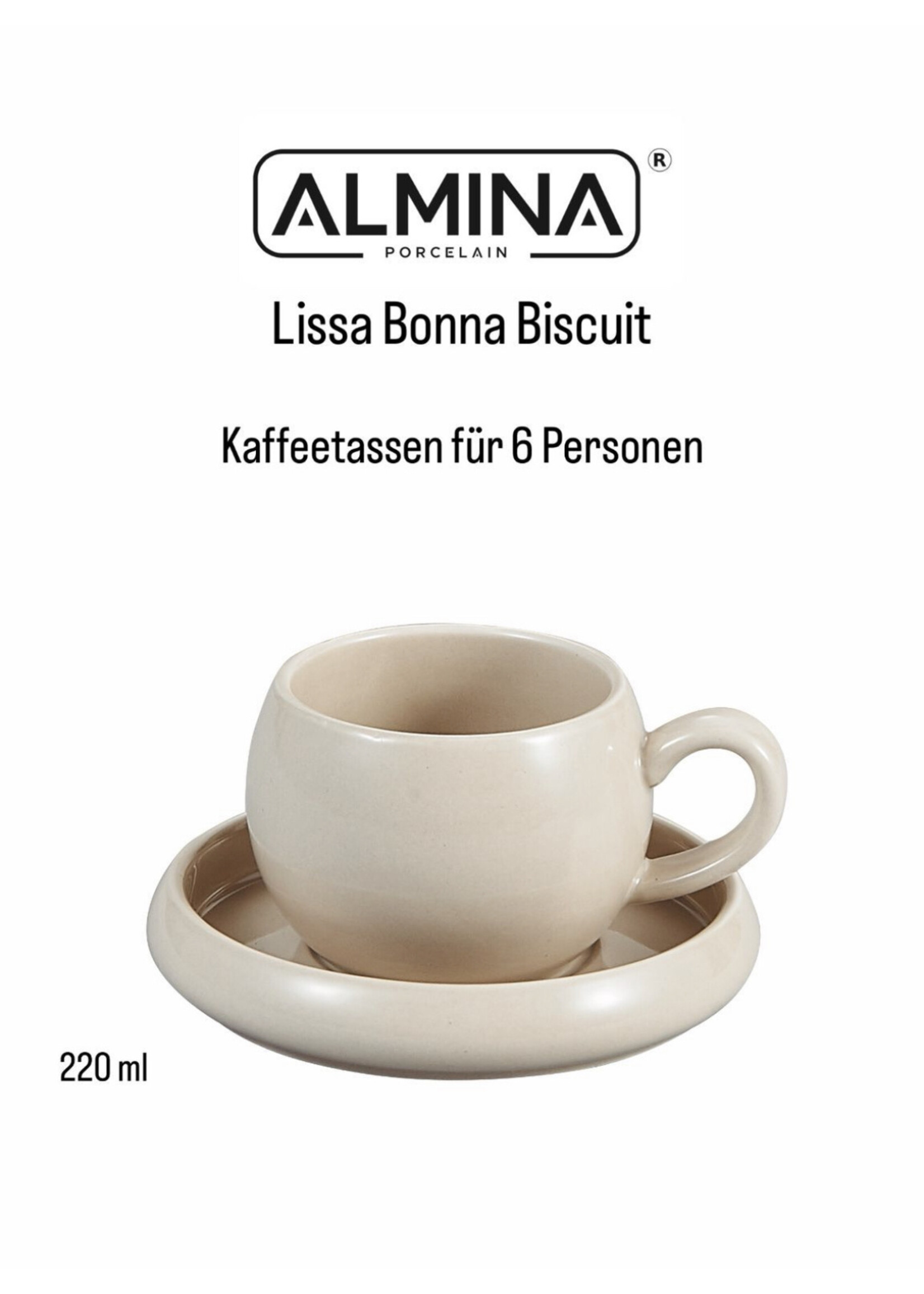 12-teilige Kaffeetassen Almina Lissa Bone Biscuit 220ml