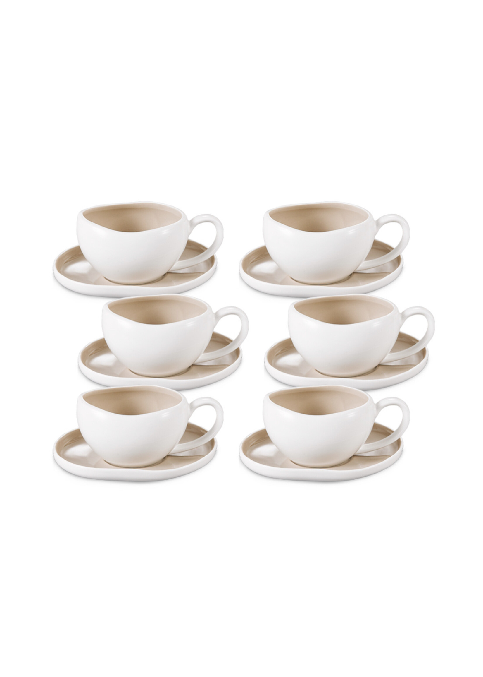 Livenza Set van 6 Fijn Porseleinen Koffiekopjes met Schoteltjes – 200 ml – Wit/Beige