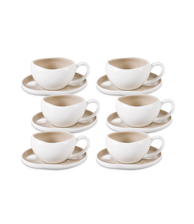 Livenza Service de 6 tasses à café en porcelaine fine avec soucoupes – 200 ml – Blanc/Beige