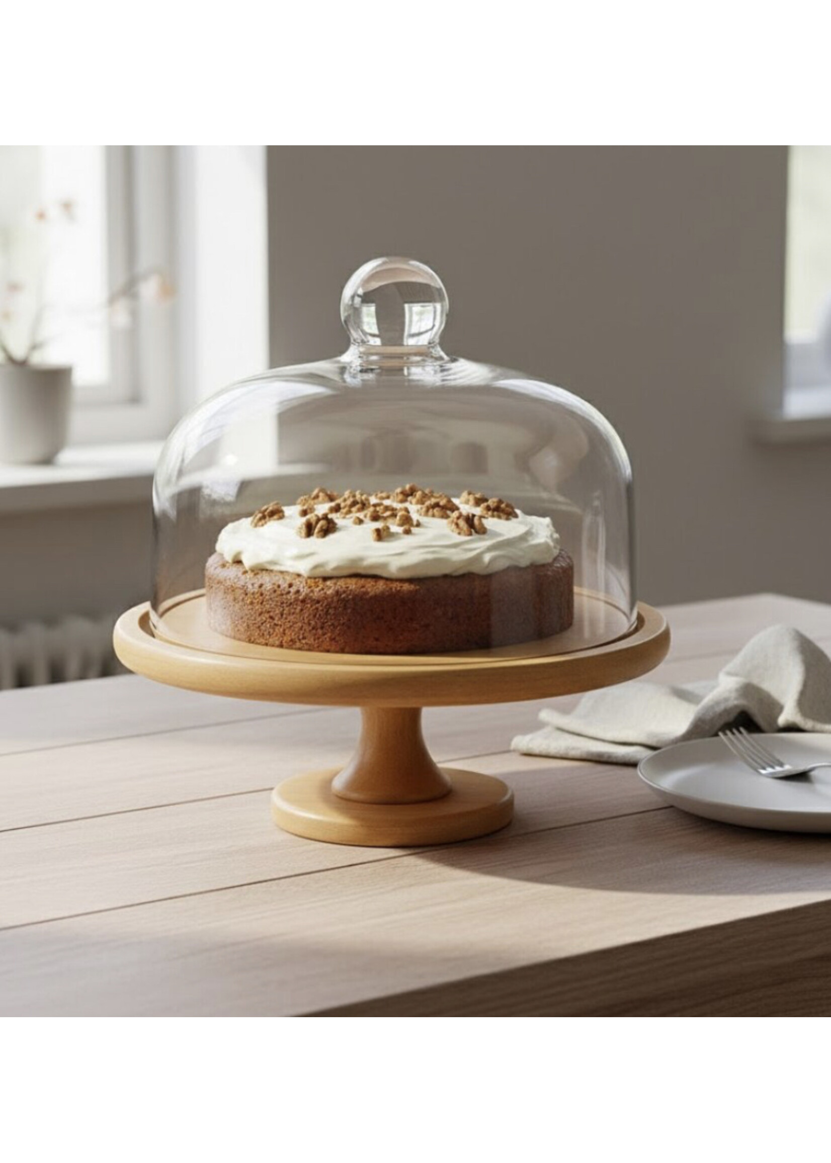 Houten Taartplateau met Glazen Stolp – 30 cm