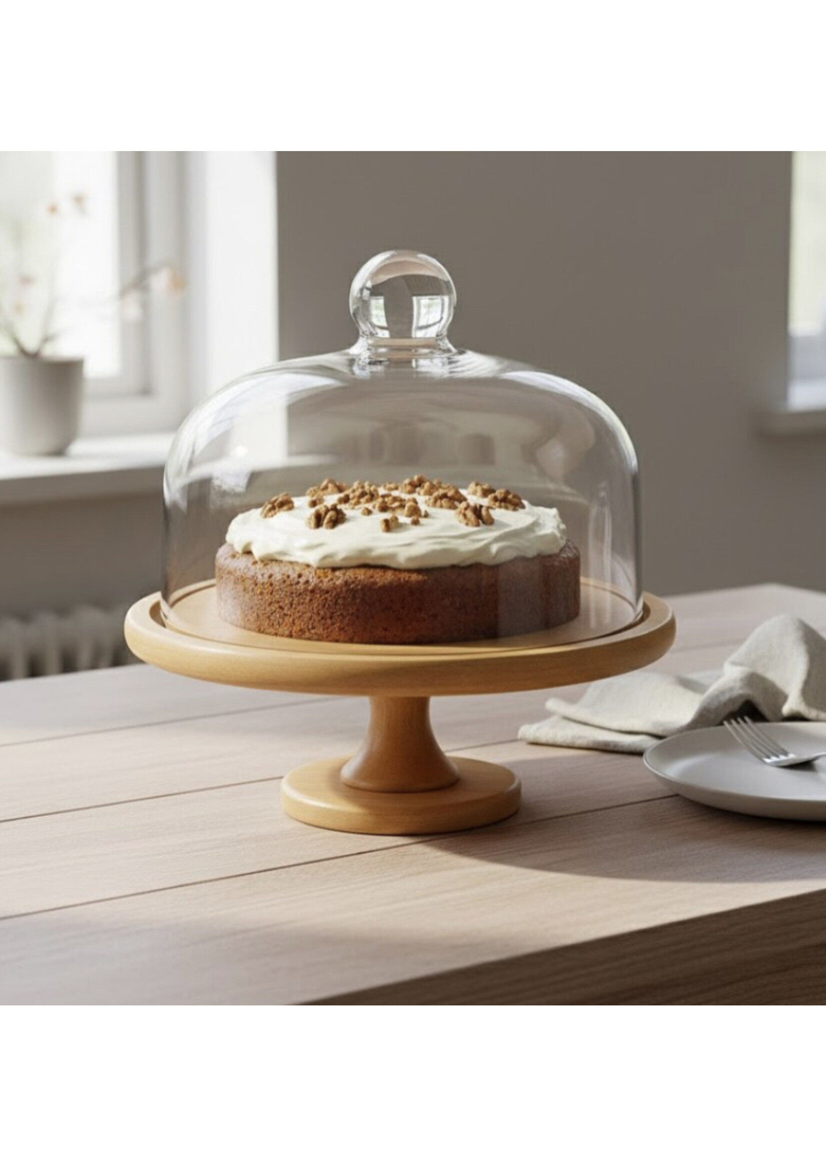 Houten Taartplateau met Glazen Stolp – 30 cm