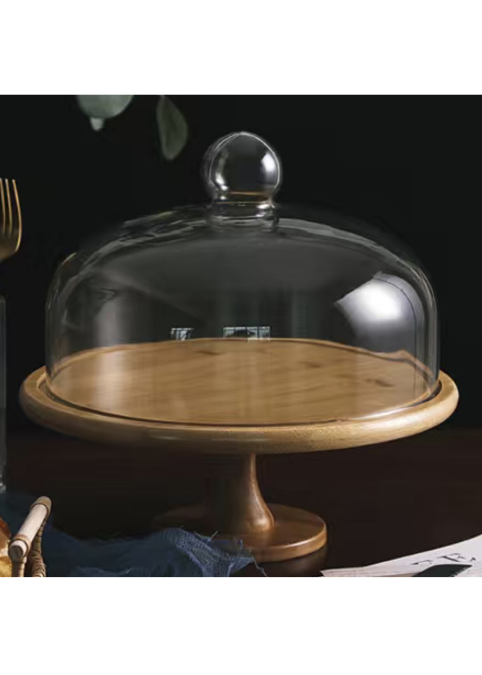Présentoir à gâteaux en bois avec cloche en verre – 30 cm