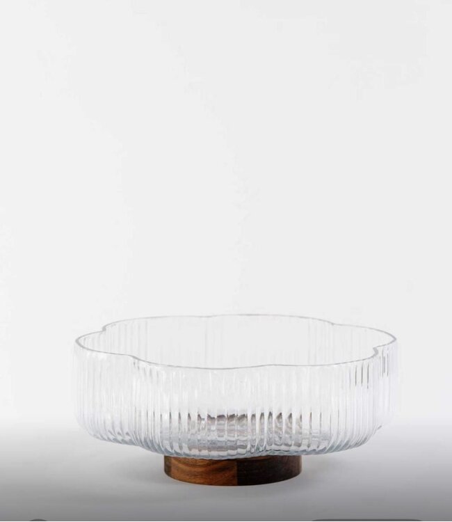 Bol en verre Clover sur socle en bois d'acacia | 14 cm