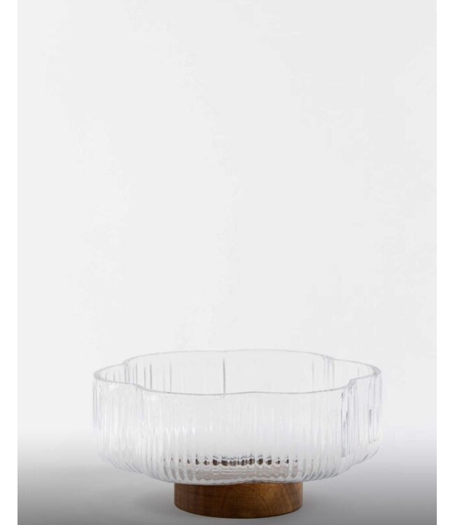 Bol en verre Clover sur socle en bois d'acacia | 14 cm